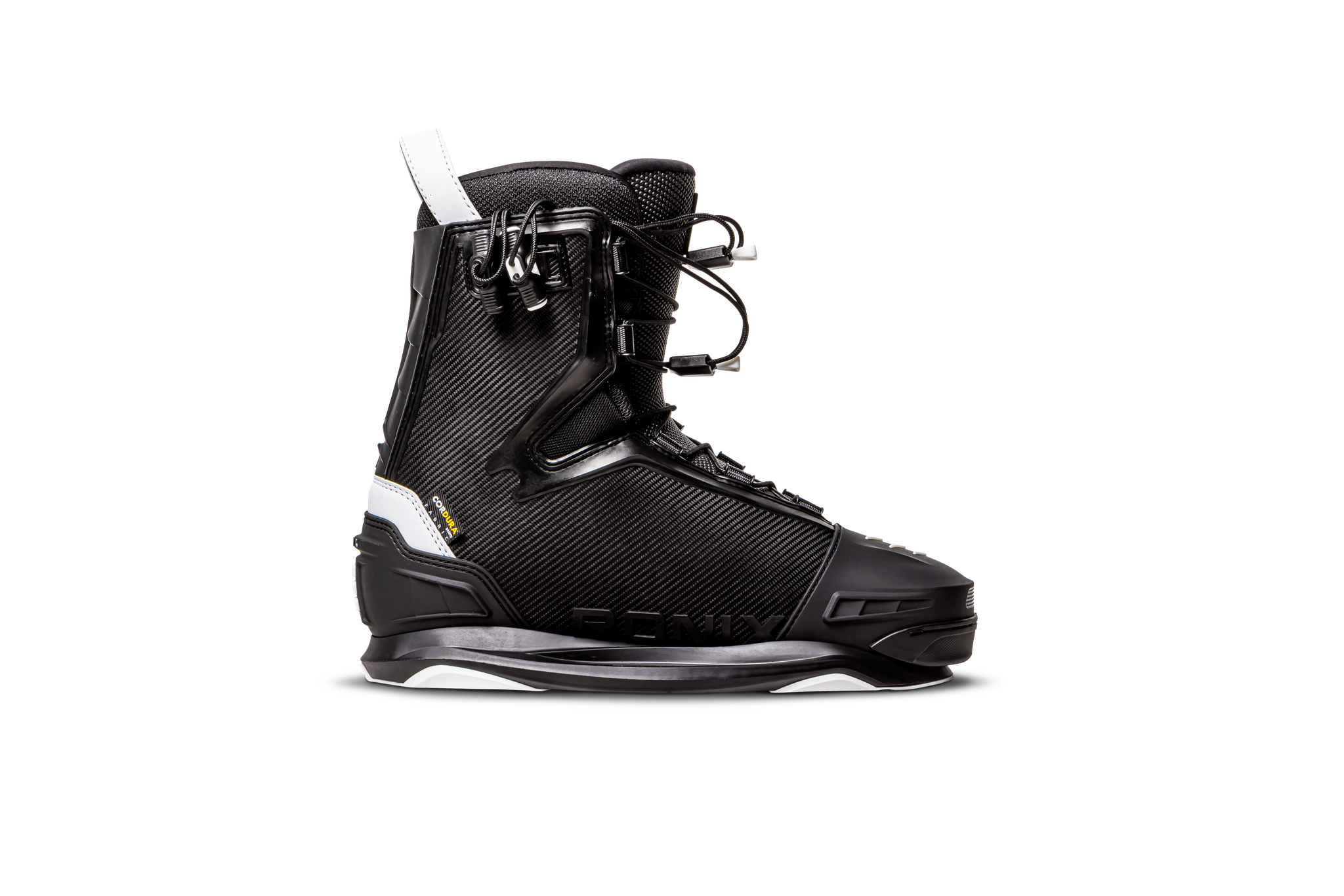 A pair of Ronix 2024 One Boots on a black background with Cordura ballistic nylon upper and Intuition+ heat moldable liner.