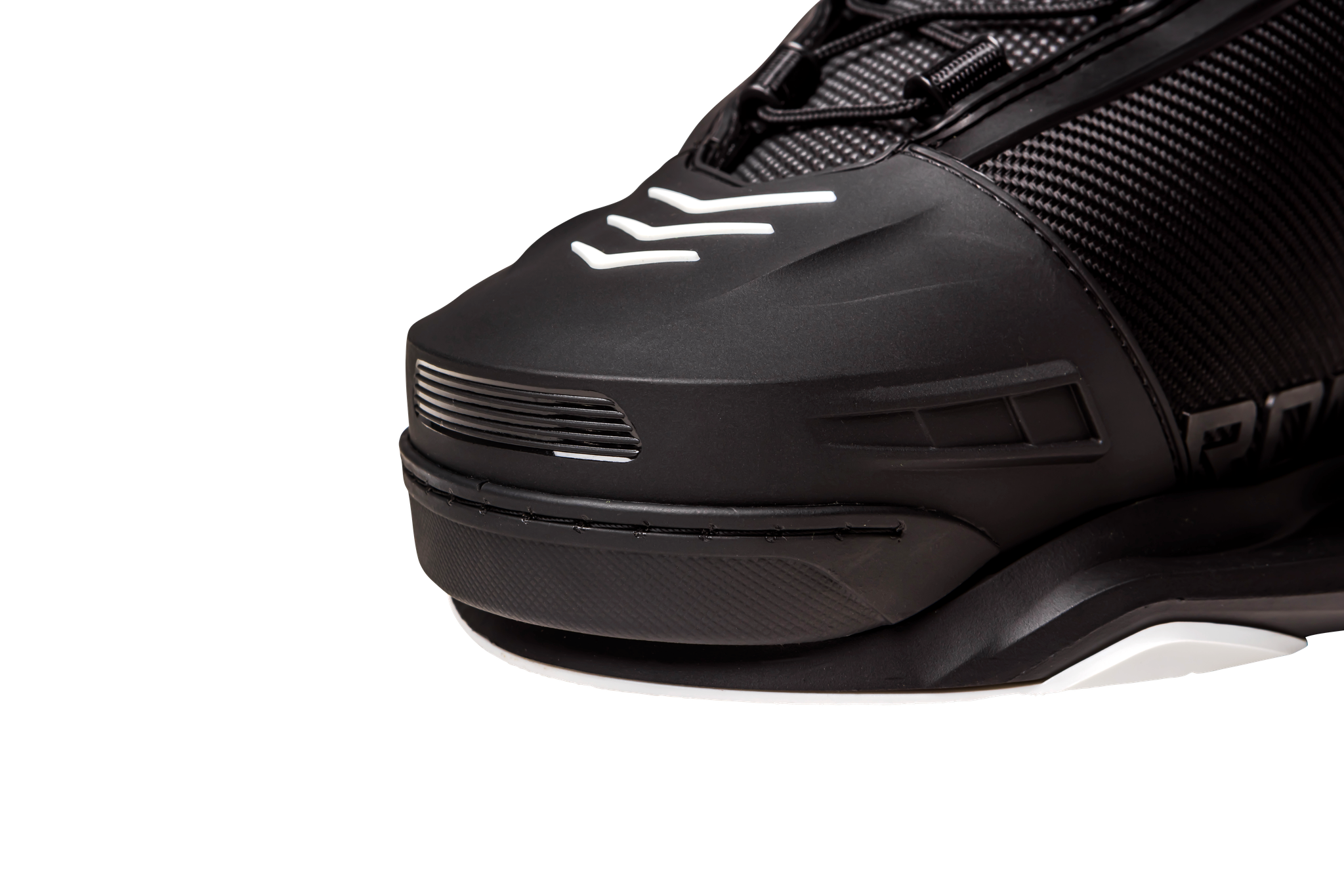 A close up of a black and white Ronix skate shoe featuring Cordura ballistic nylon upper.