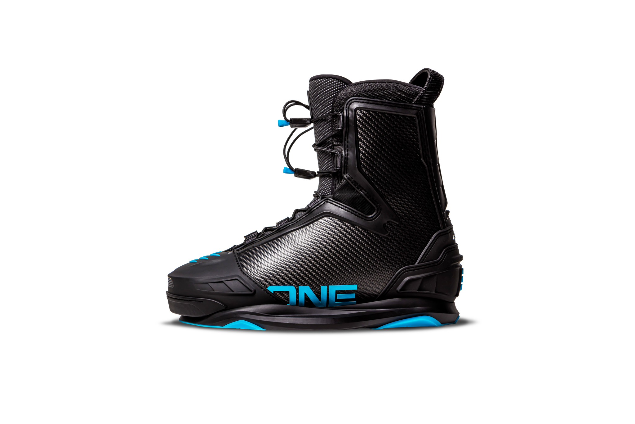 One pair of Ronix 2023 One Carbitex Boots with an Intuition+ heat moldable liner, providing a responsive fit, showcased against a black background.