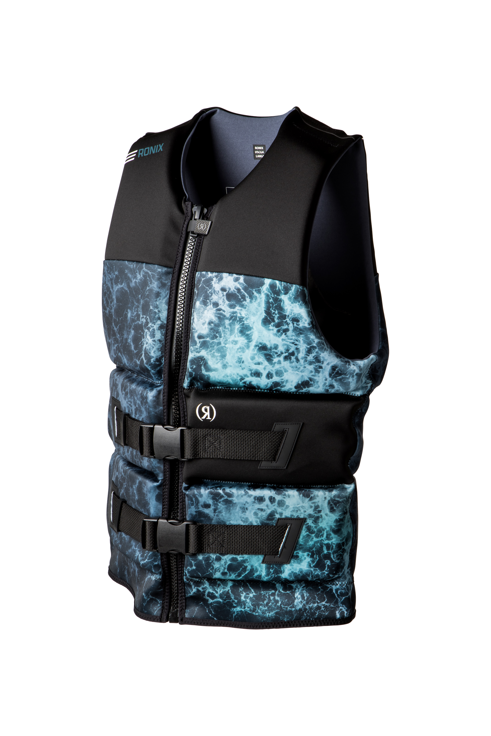 A Ronix 2024 Point Break Yes Men's CGA Vest with a blue and black design.