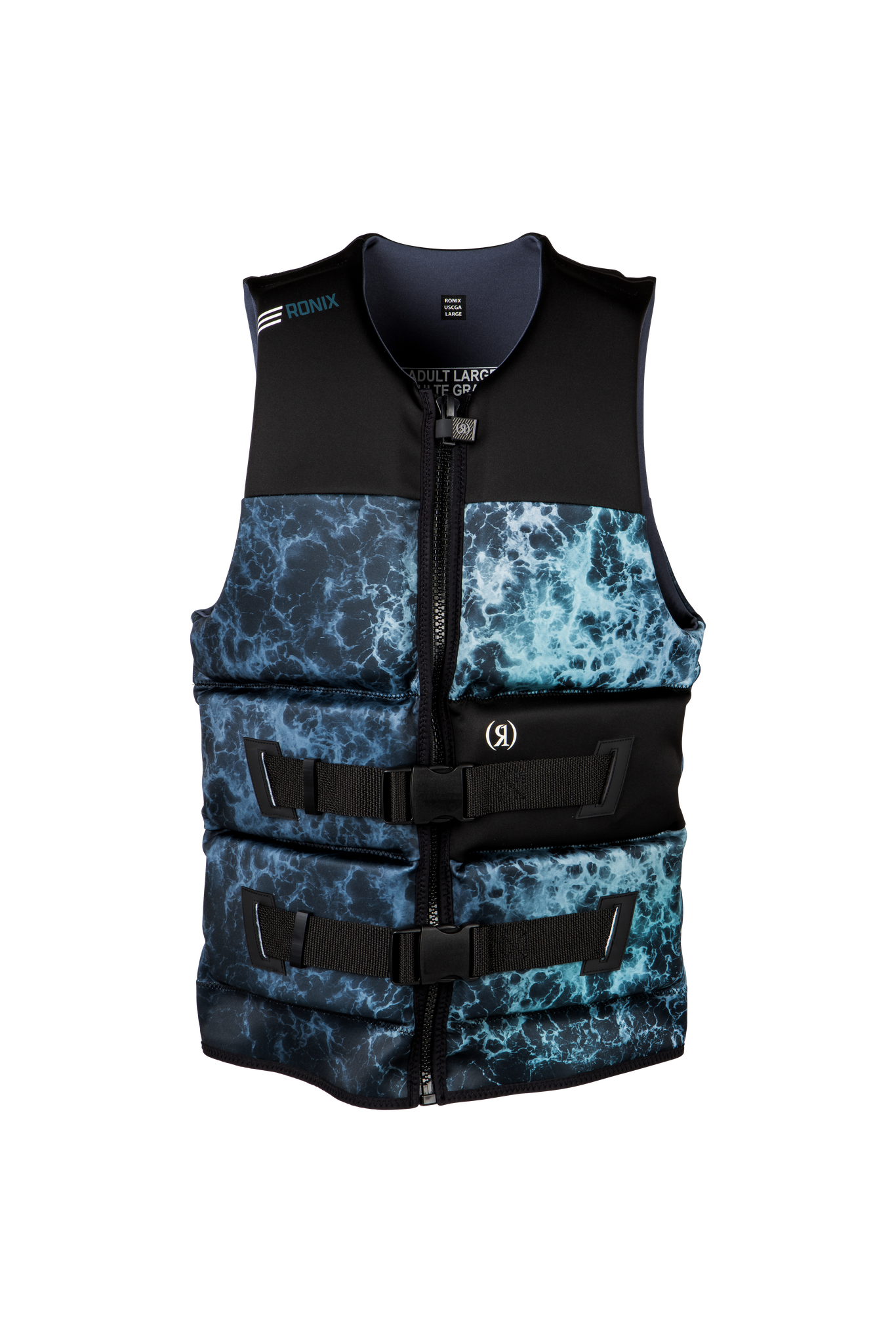 A Ronix 2024 Point Break Yes Men's CGA Vest with a blue and black design.