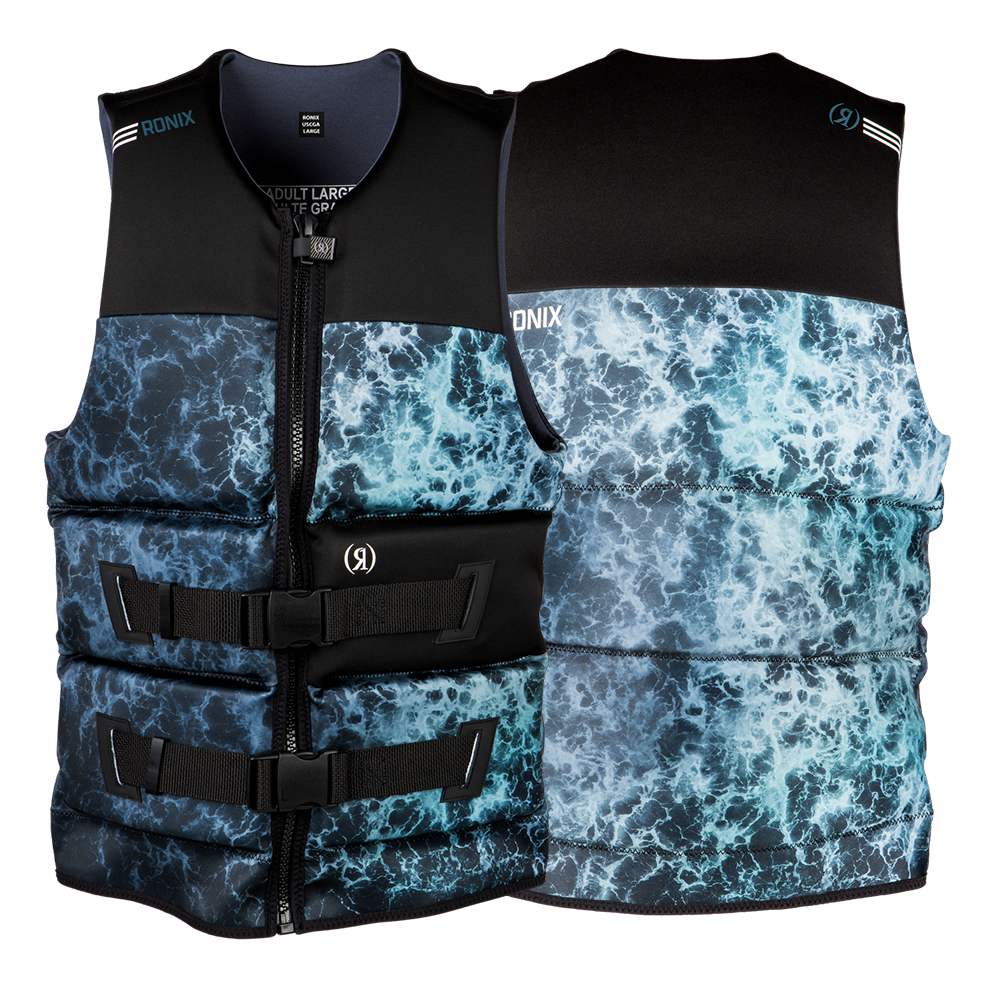 A Ronix 2024 Point Break Yes Men's CGA Vest with a blue and black pattern.