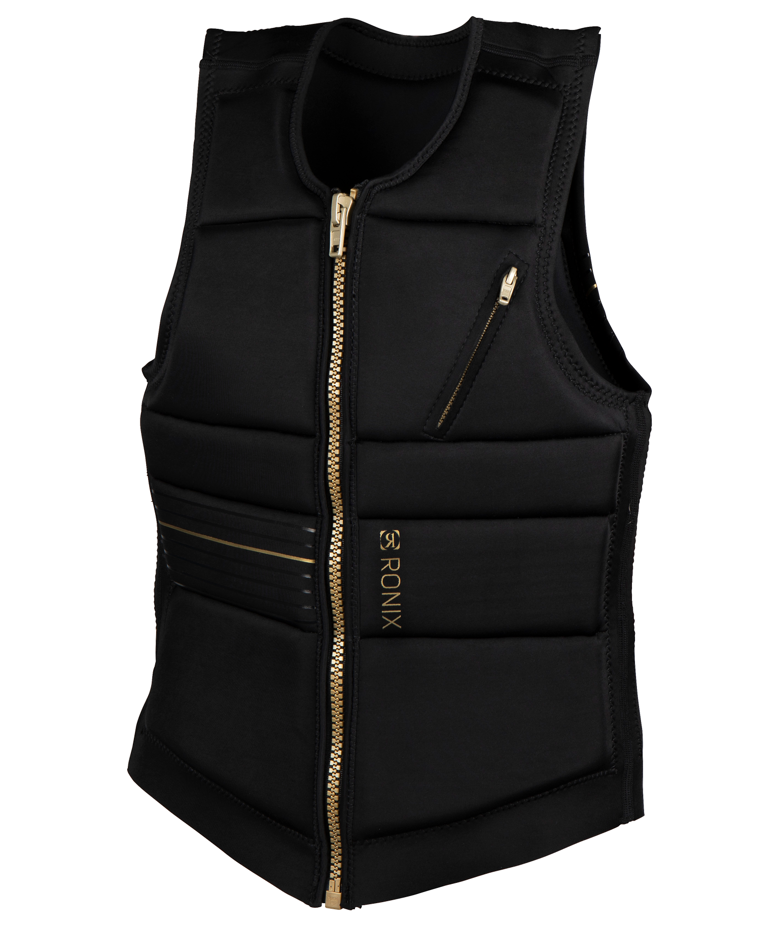 A Ronix 2024 Rise Women's CE Impact Vest with gold zippers, featuring a Manhattan Tailored Fit.