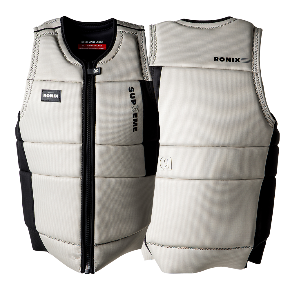 A white and black Ronix 2024 Supreme CE Approved Impact Vest life vest jacket.