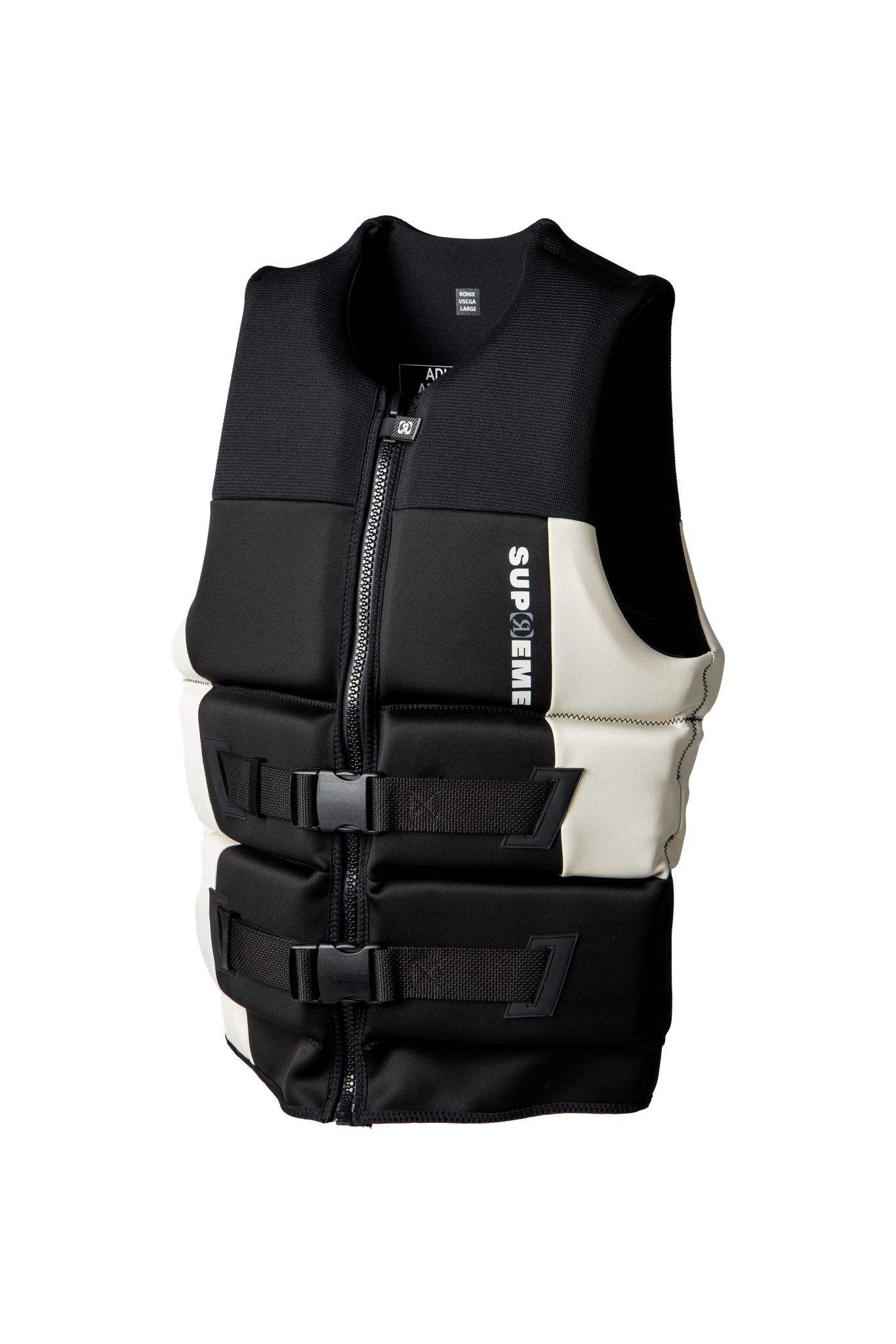 A Ronix 2024 Supreme Yes Men's CGA Vest in black and white, providing buoyancy and mobility on a black background.