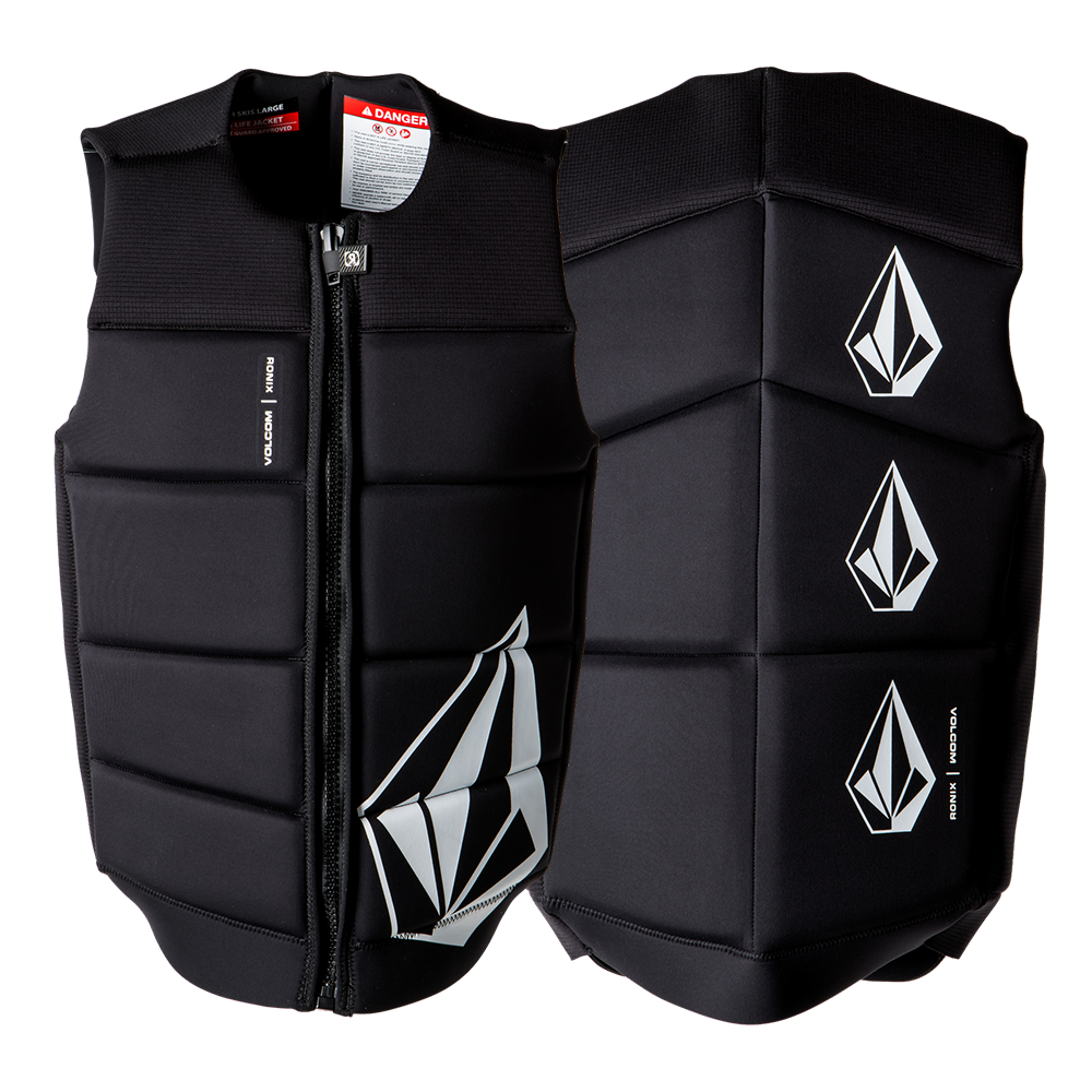 A lightweight Ronix 2024 Volcom Men's CE Impact Vest with a white logo on it.