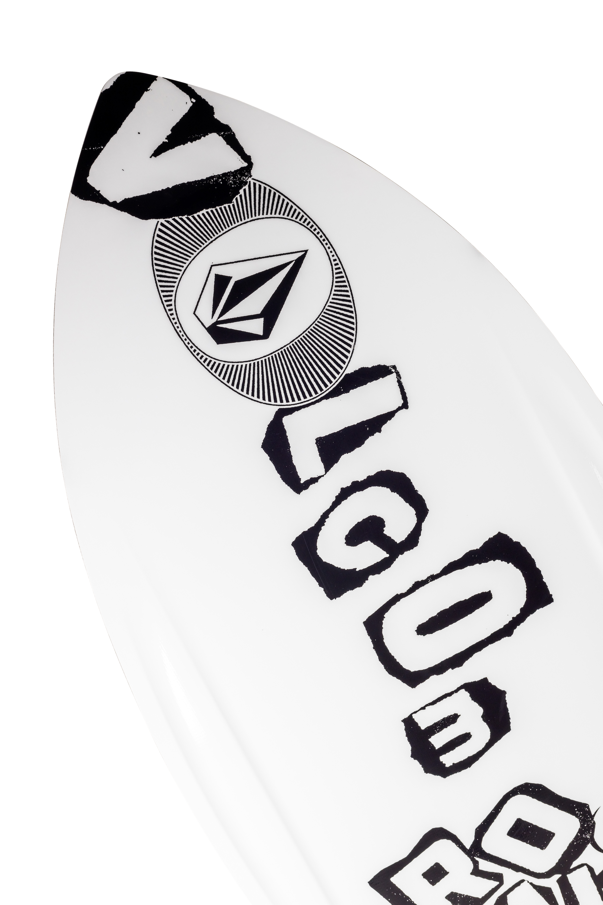 A Ronix 2024 Volcom Sea Captain wakesurf board with exceptional edge hold, featuring a white design with black letters on it. Ideal for surfer enthusiasts looking for optimal control and stability in the waves.