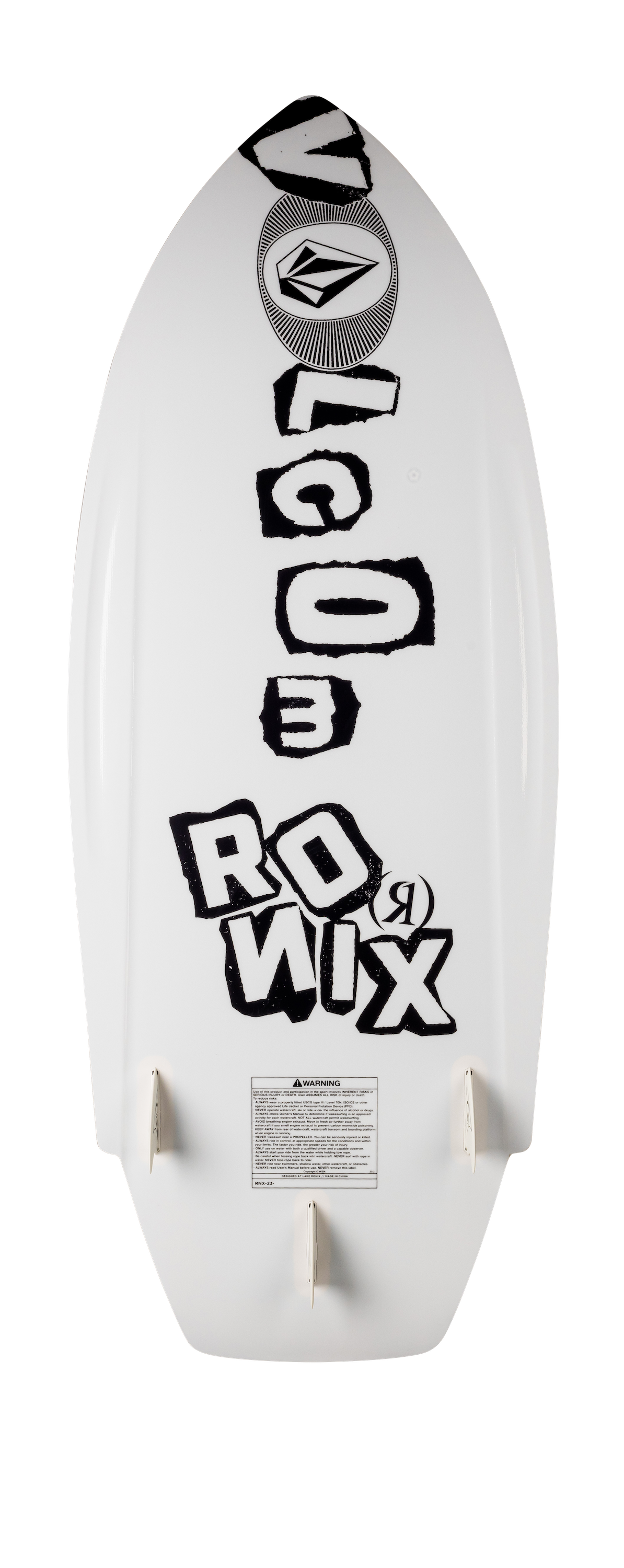 A white Ronix 2024 Volcom Sea Captain wakesurf board with black letters on it, designed for the ultimate surfer looking for an edge hold and maximum performance.