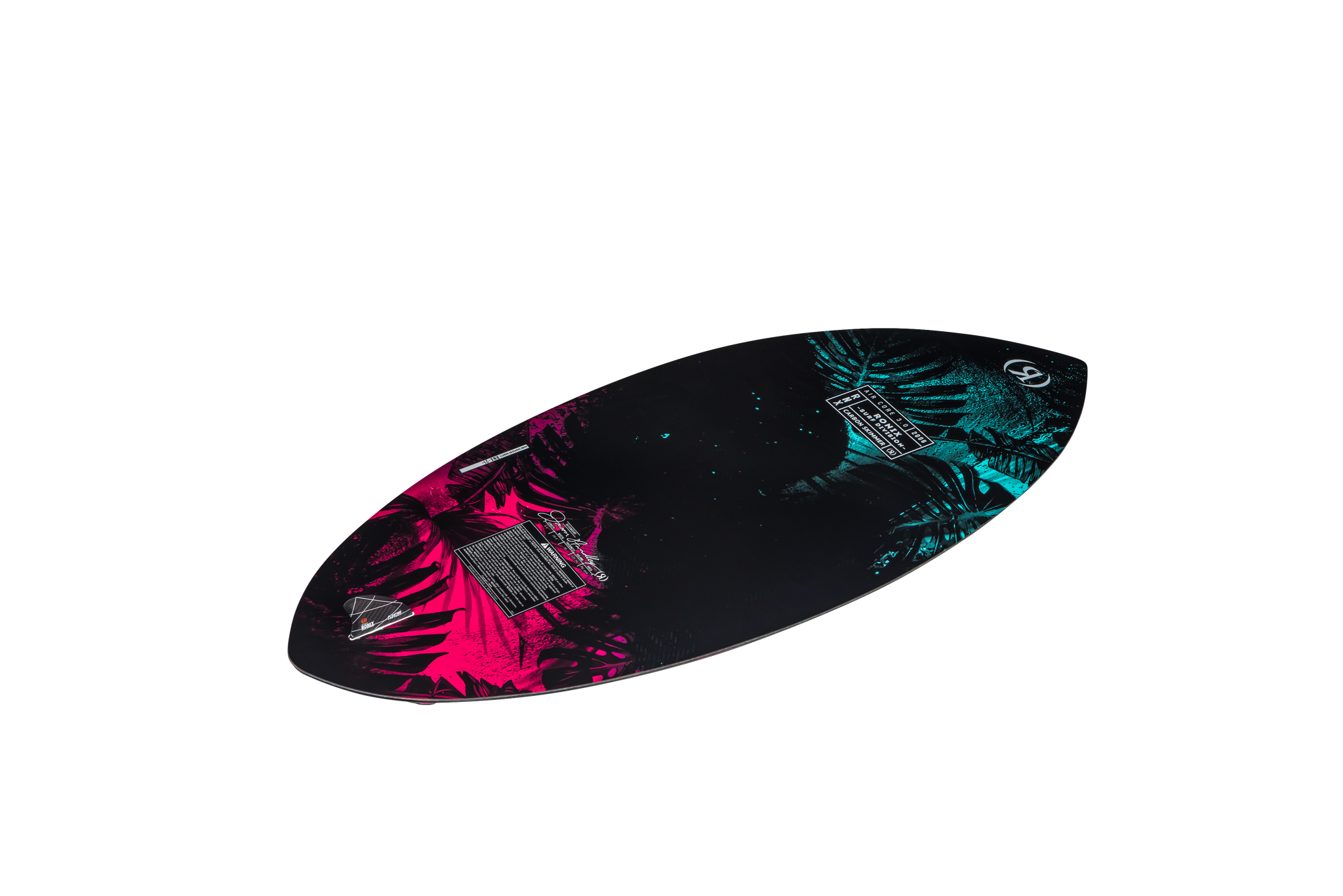 A black and pink Ronix 2024 Women's Carbon Air Core 3 Skimmer Wakesurf Board featuring Italian import Air Core 3 foam and a full carbon exterior on a sleek black background.