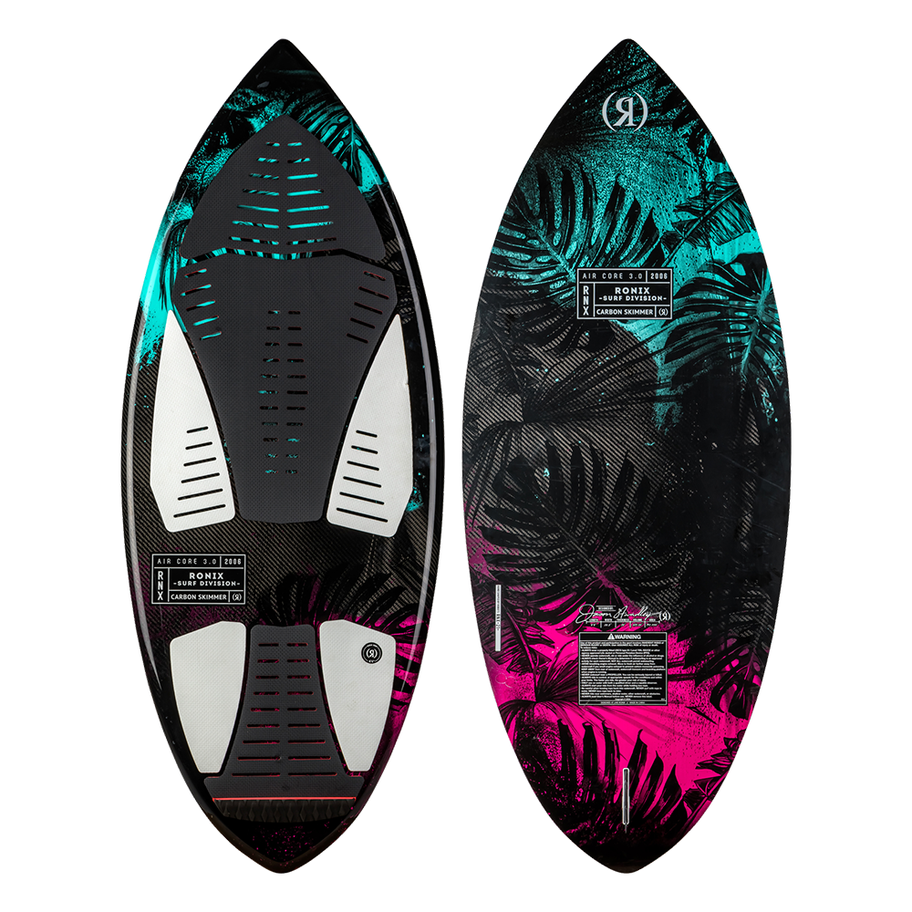 A Ronix 2024 Women's Carbon Air Core 3 Skimmer Wakesurf Board, an Italian import wakeboard, featuring a full carbon exterior and Air Core 3 foam for enhanced performance.