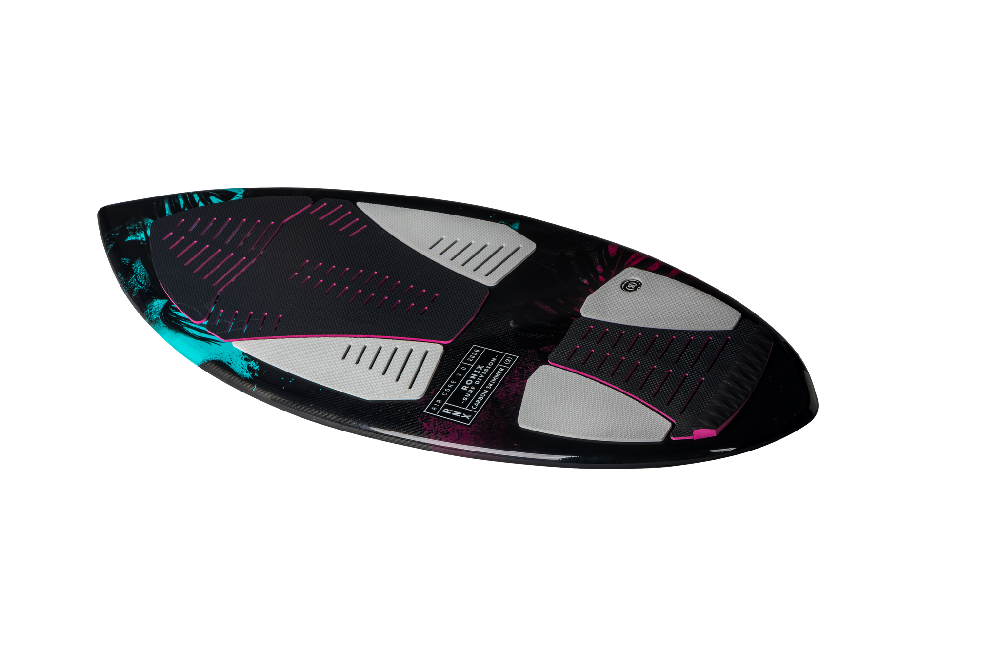 A black and pink Ronix 2024 Women's Carbon Air Core 3 Skimmer Wakesurf Board, showcased against a sleek black background.