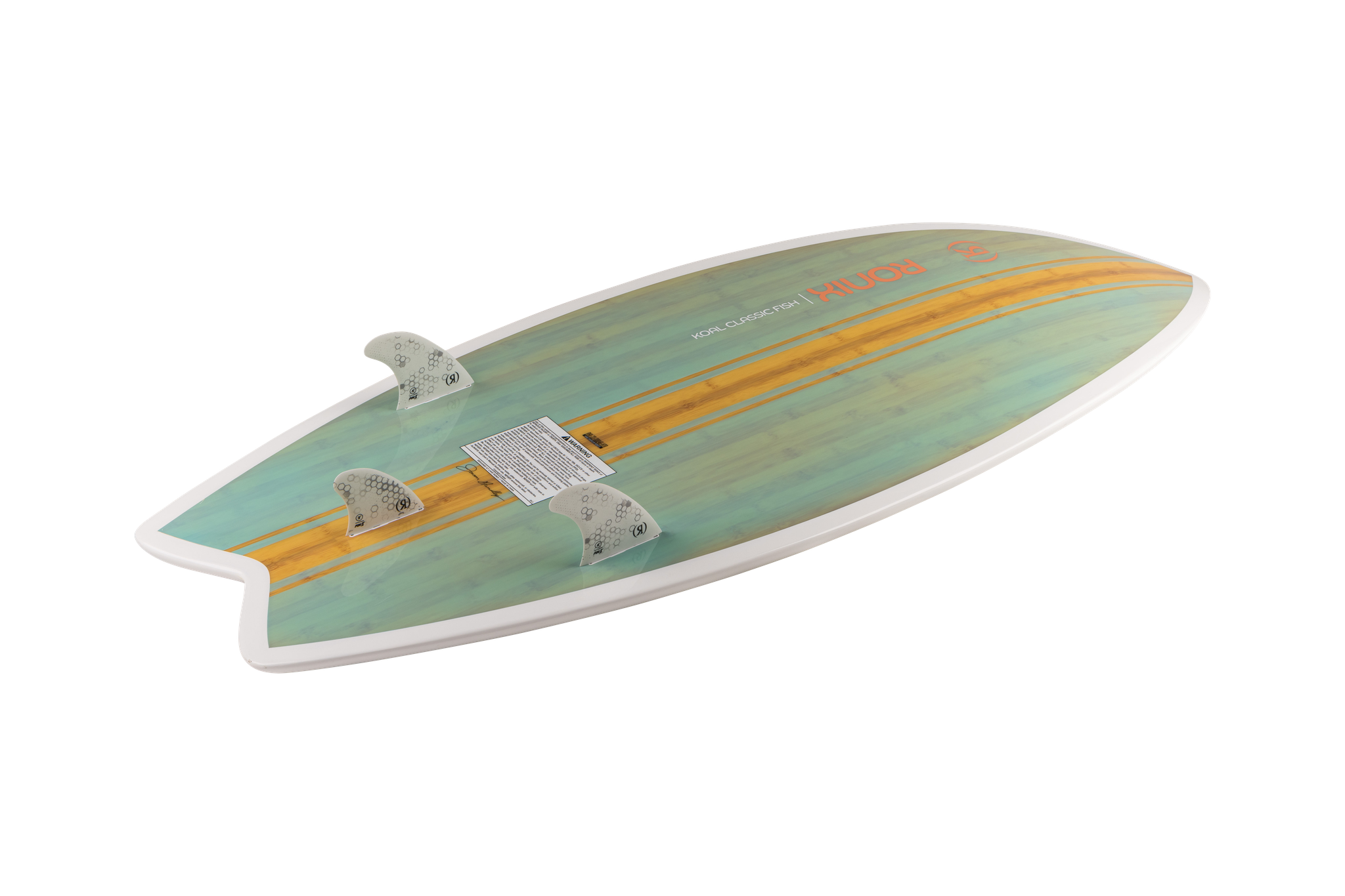 A Ronix 2024 Women's Koal Fish Wakesurf Board, with surf style, resting on a black background.