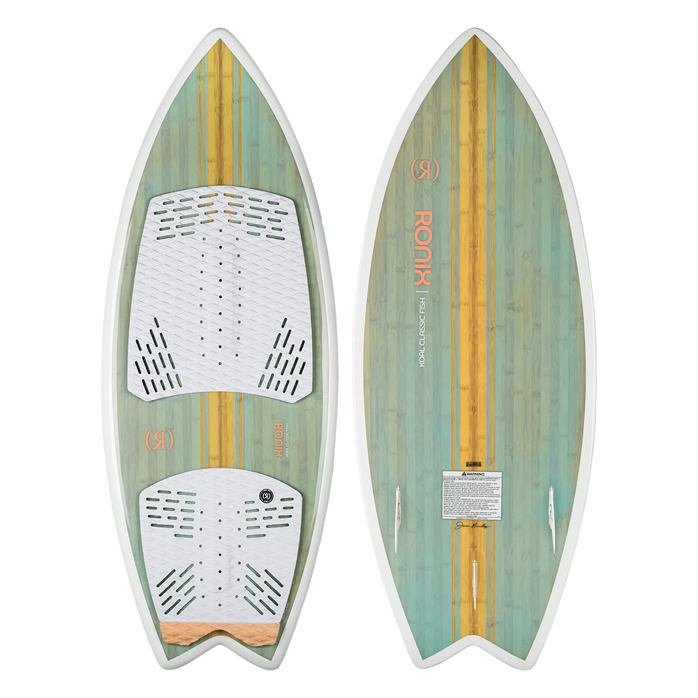 A Ronix funboard wakeboard with a green and yellow stripe, featuring a surf style design and built with Koal Classic Construction.