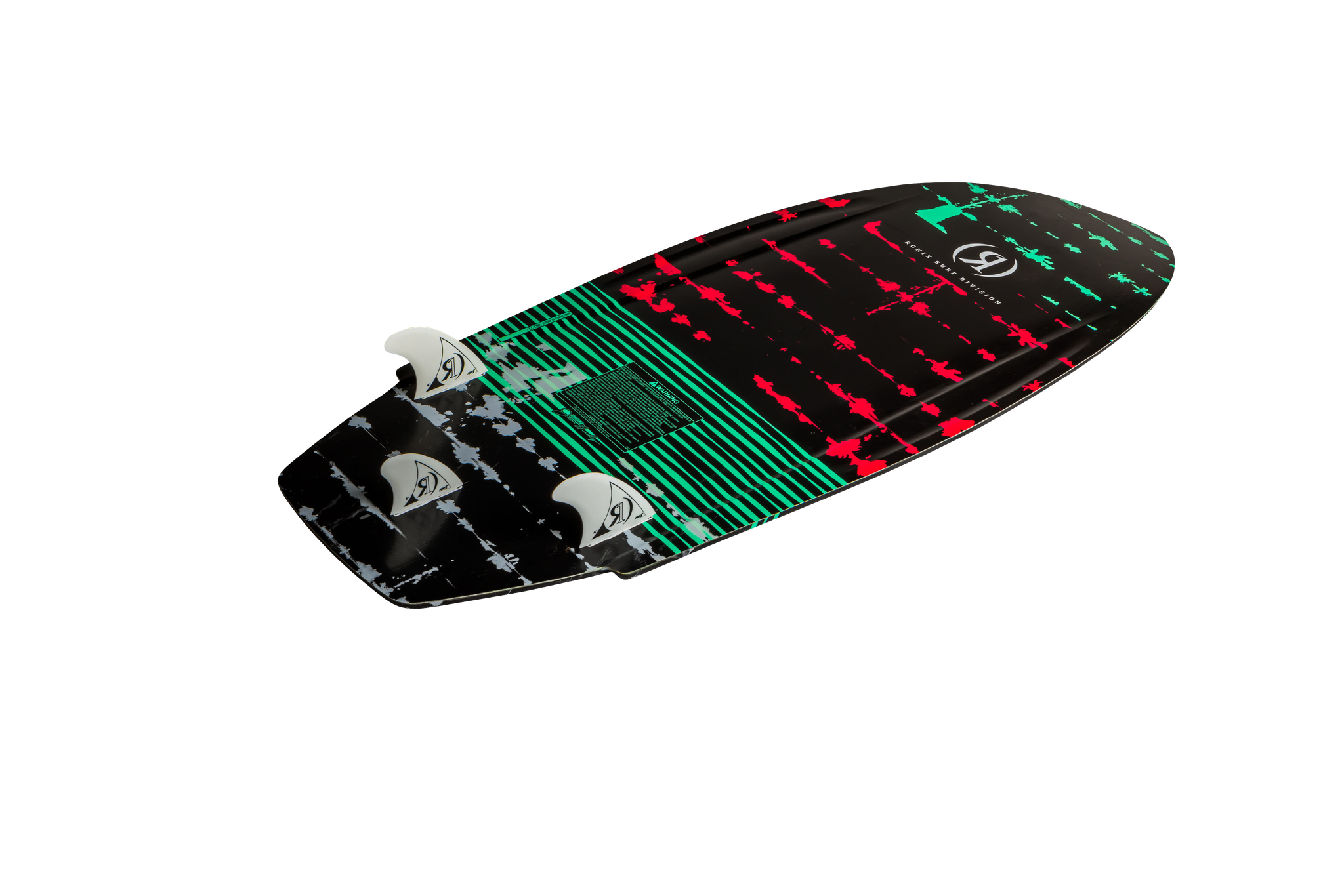 A black and green Ronix 2024 Women's Sea Captain Wakesurf Board with a quick, surfer design.