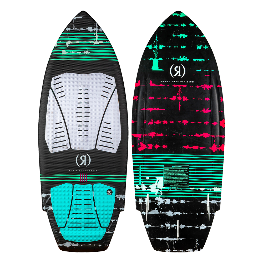 A quick-reacting Ronix wakeboard with a surfer aesthetic, featuring a black and blue color scheme and a hint of pink.