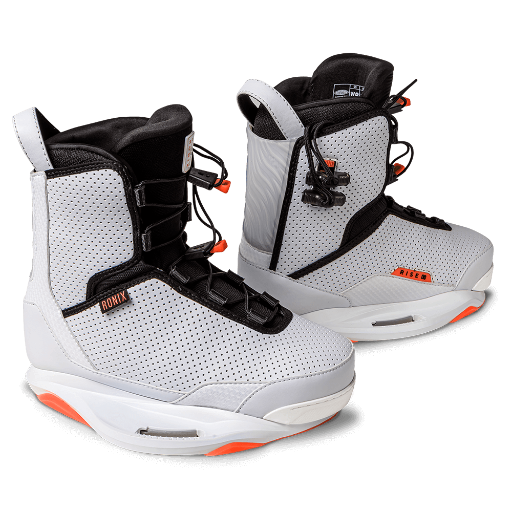 The Ronix 2023 Women's Rise Bindings, a pair of women's wakeboard boots featuring the Intuition+ liner in white and orange color scheme.