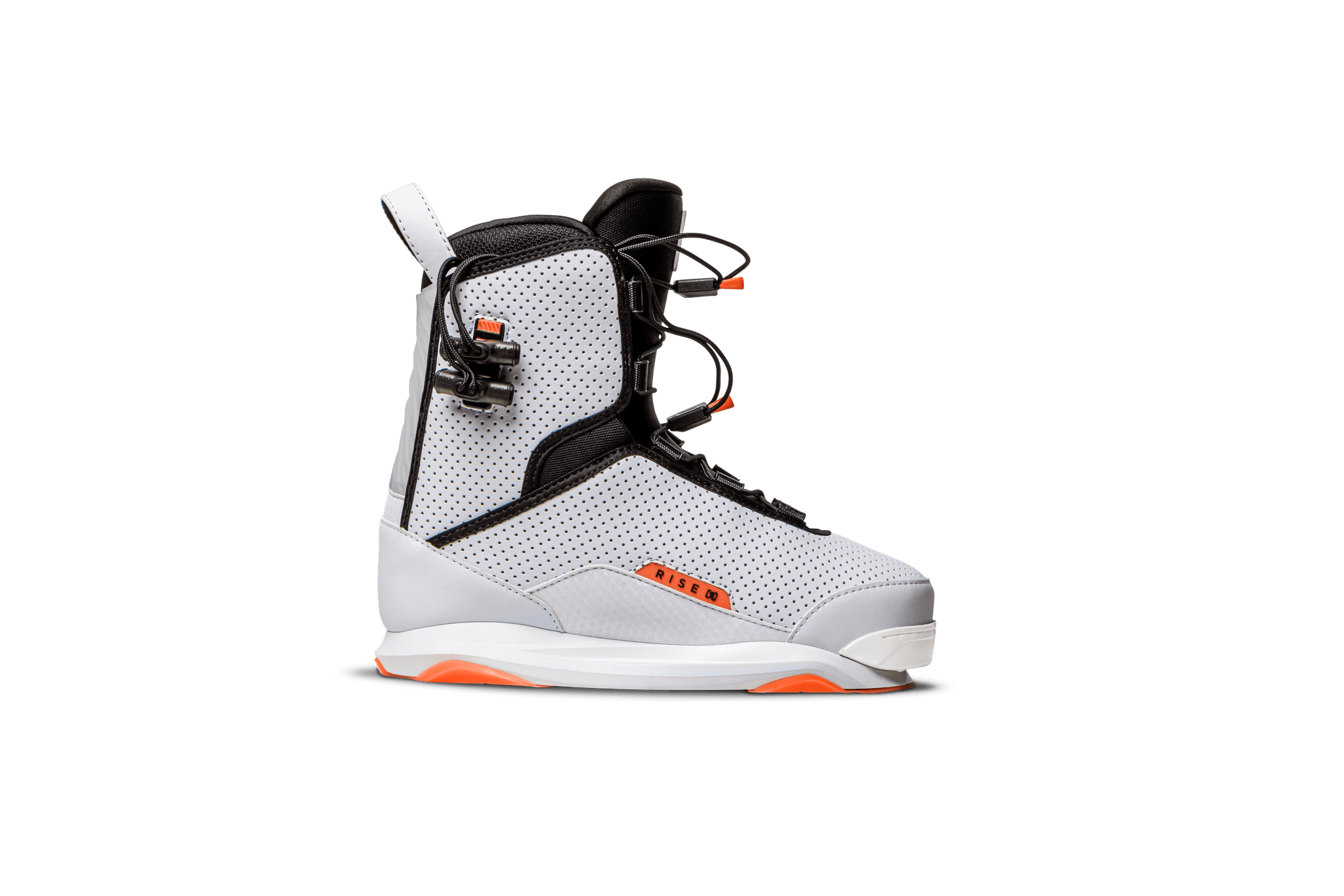 A pair of white and orange Ronix 2023 Women's Rise Bindings from the women's line, accompanied by an Intuition+ liner, showcased against a sleek black background.