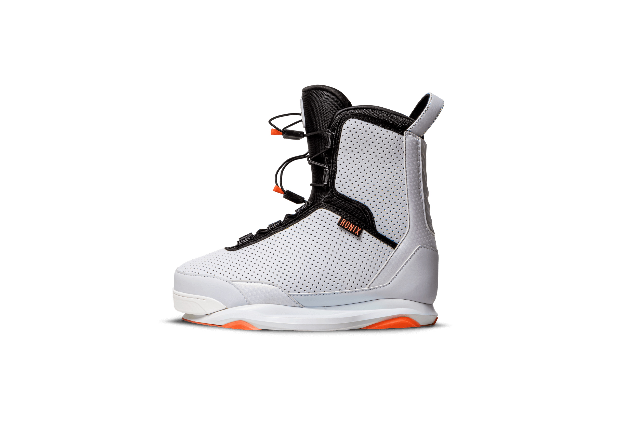 A white and orange Ronix 2023 Women's Rise Bindings ski boot from the women's line on a black background.
