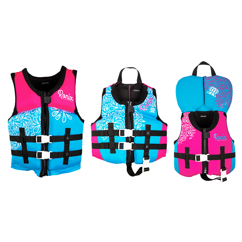 A collection of Ronix August Kid's CGA Vests in various colors and designs, offering both comfort and water resistance.