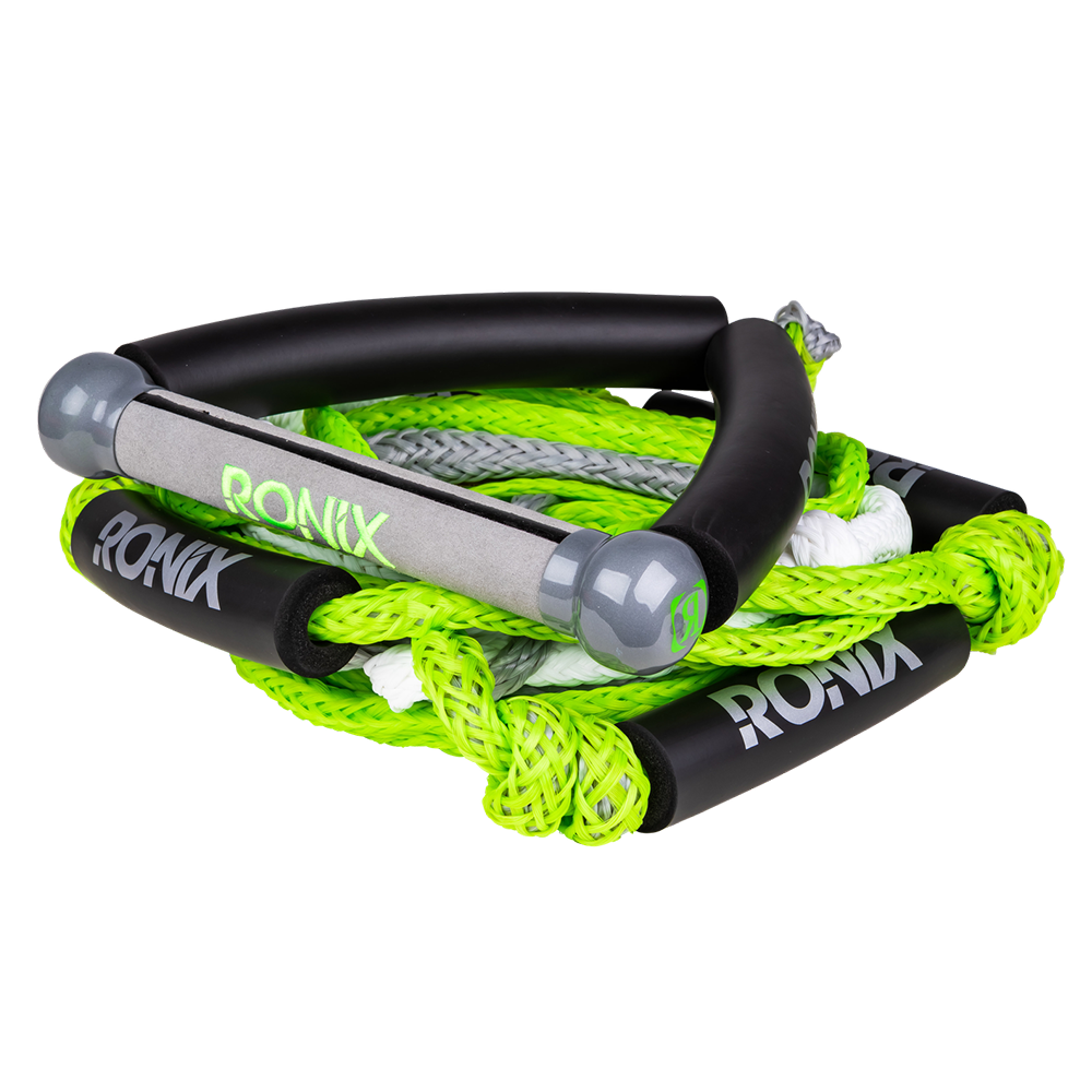 A Ronix Bungee Surf Rope-10" Handle Hide Grip-25ft 4-Sect. Rope - Asst. Color handle with green embroidery.