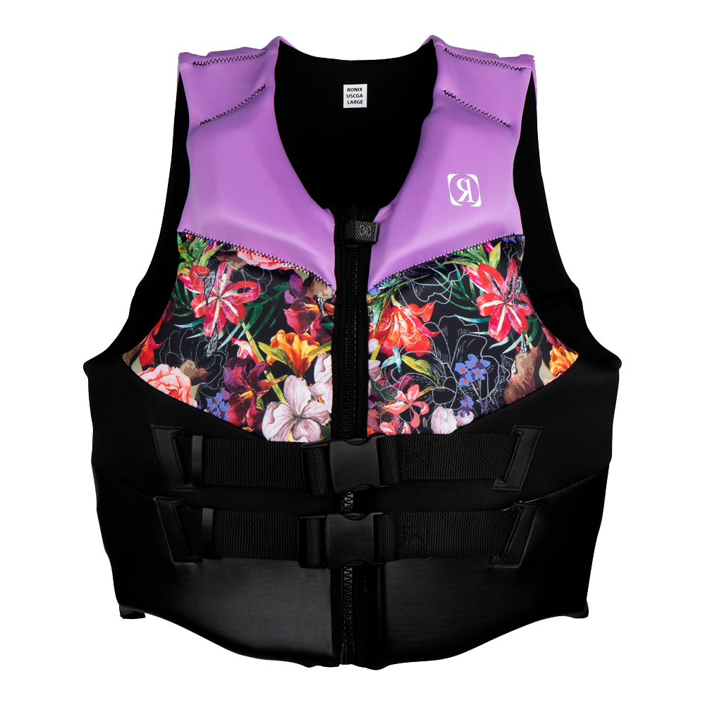An affordable Ronix Daydream Women's CGA Vest with purple flowers on it that is buoyancy tested and CGA approved.