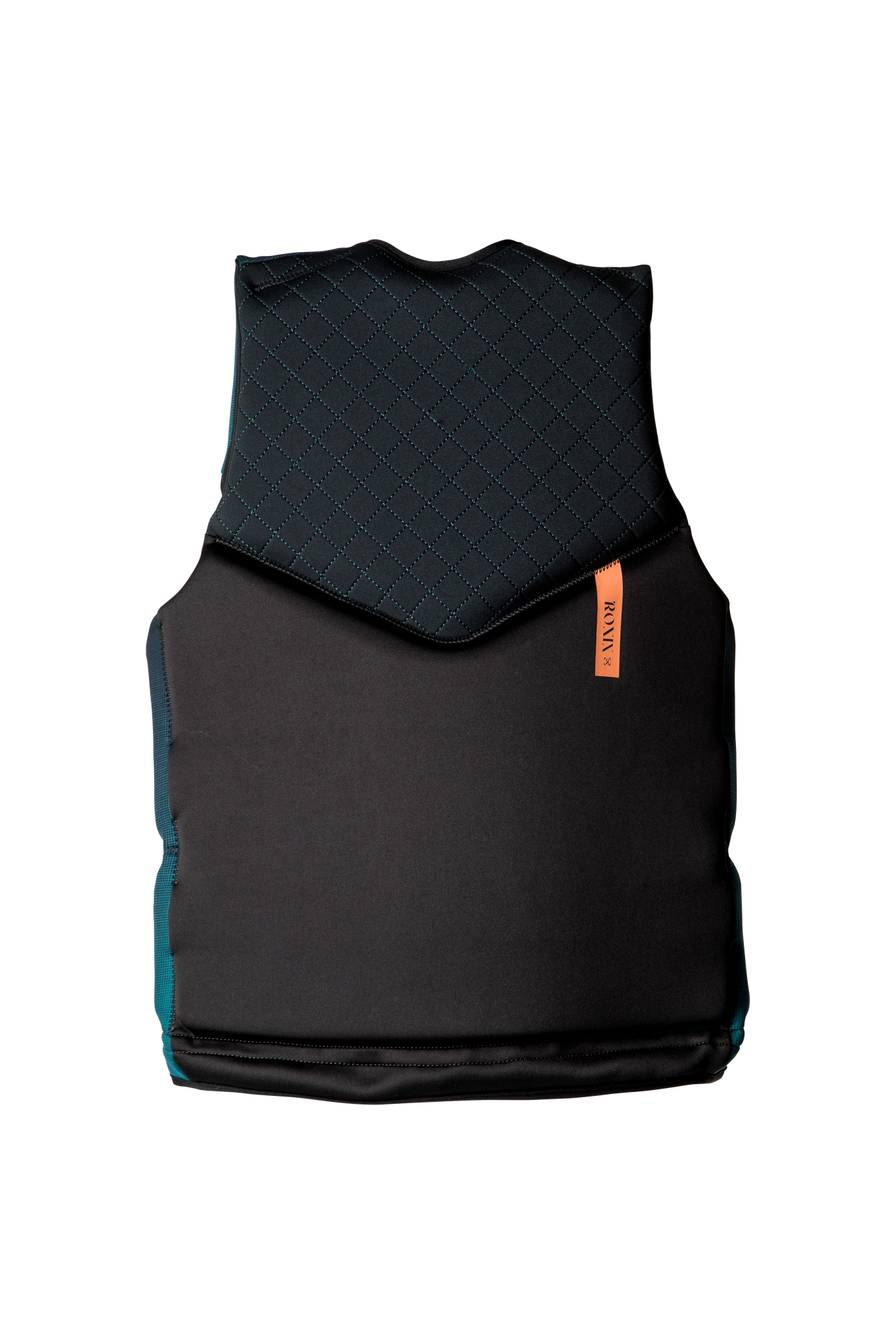 A water resistant life vest in black and orange, Ronix Women's Imperial Capella 3.0 CGA Vest, on a black background.