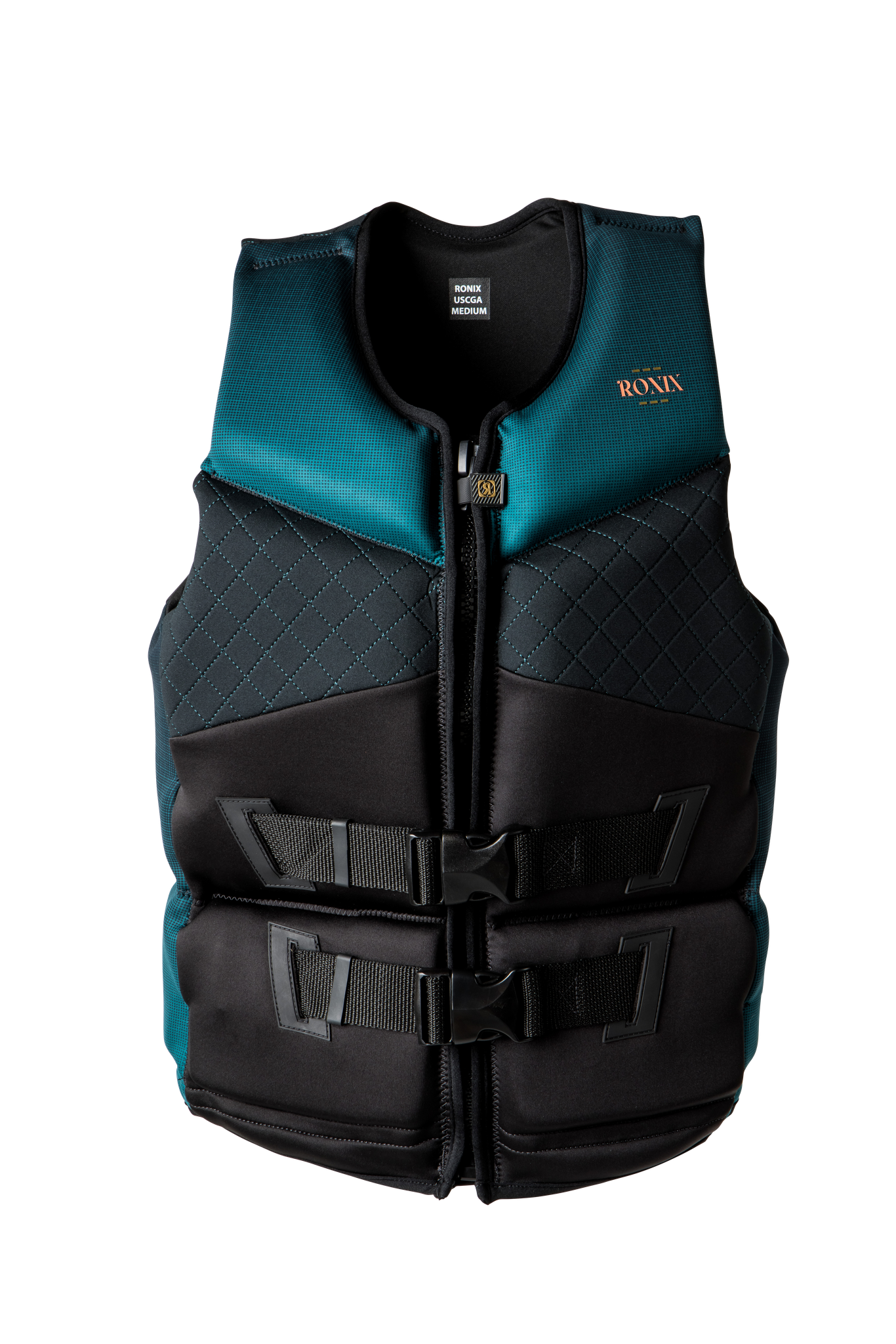 The Ronix Women's Imperial Capella 3.0 CGA Vest, a women's life jacket with a stylish blue and black design, is water-resistant to ensure optimal functionality and safety in aquatic activities.