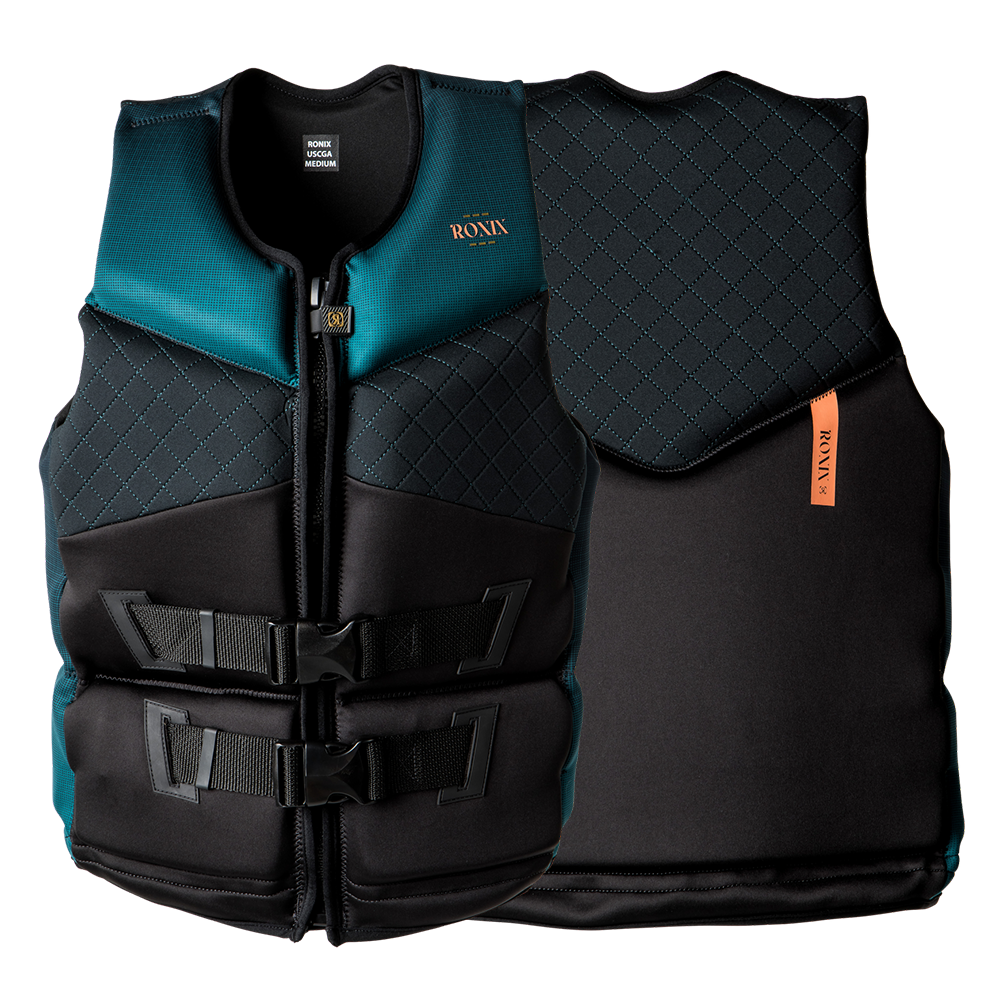 A water-resistant life jacket in a black and teal colorway, specifically the Ronix Women's Imperial Capella 3.0 CGA Vest by Ronix.