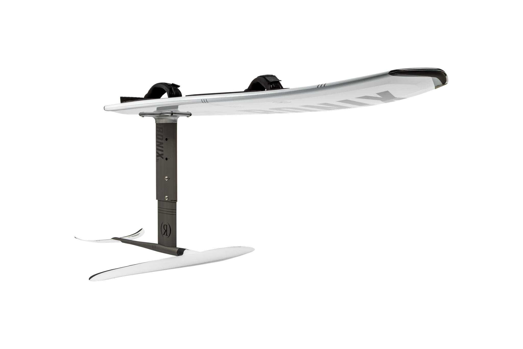 A Ronix Koal Surface 727 Foil | Beginner-Intermediate Hybrid Series surfboard with a front wing, sitting on top of a black background.
