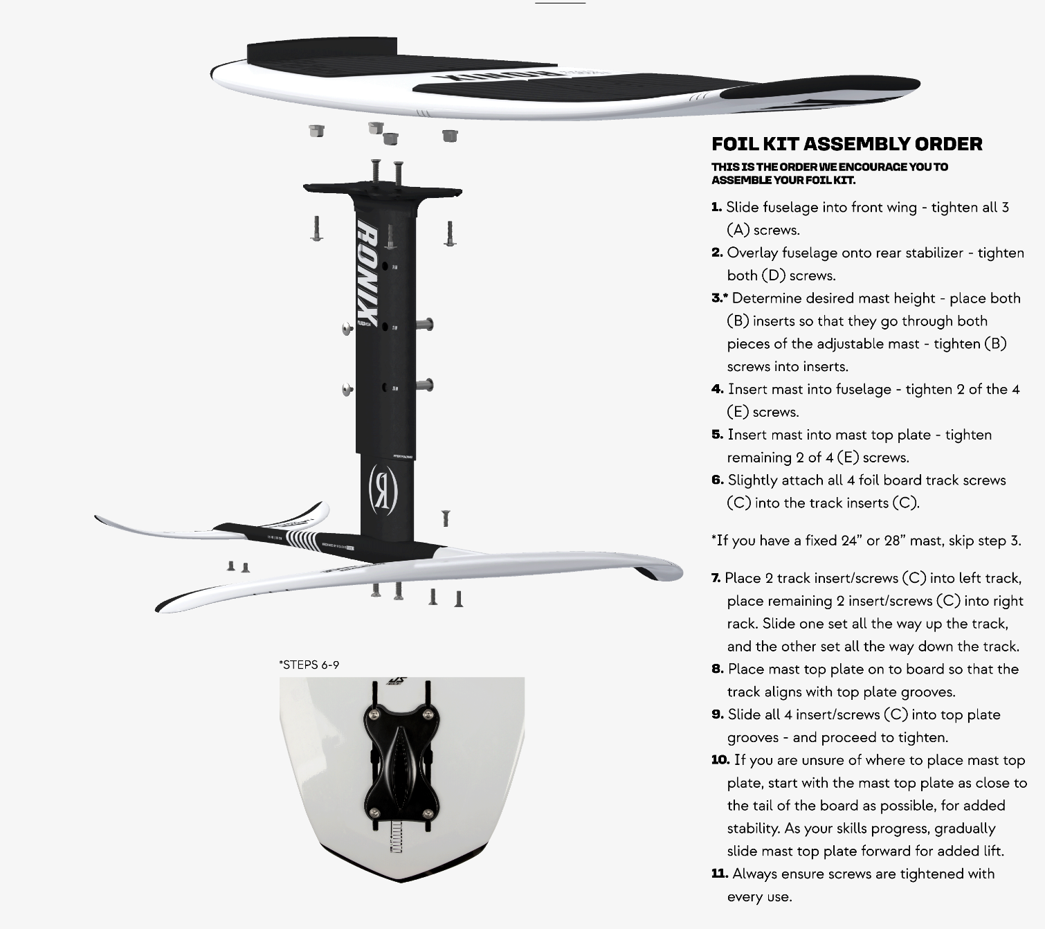A diagram illustrating the front wing and foiling components of a Ronix Koal Surface 727 Foil | Beginner-Intermediate Hybrid Series surfboard.