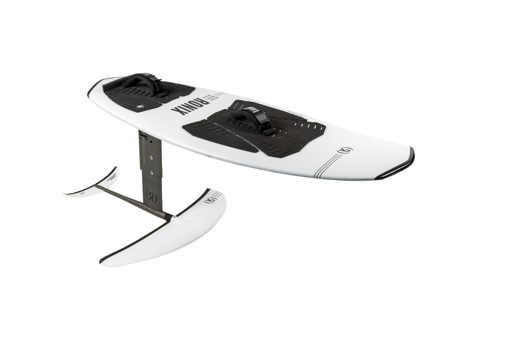 A white and black Ronix Koal Surface 727 Foil | Beginner-Intermediate Hybrid Series surfboard with a front wing, designed for foiling, on a black background.