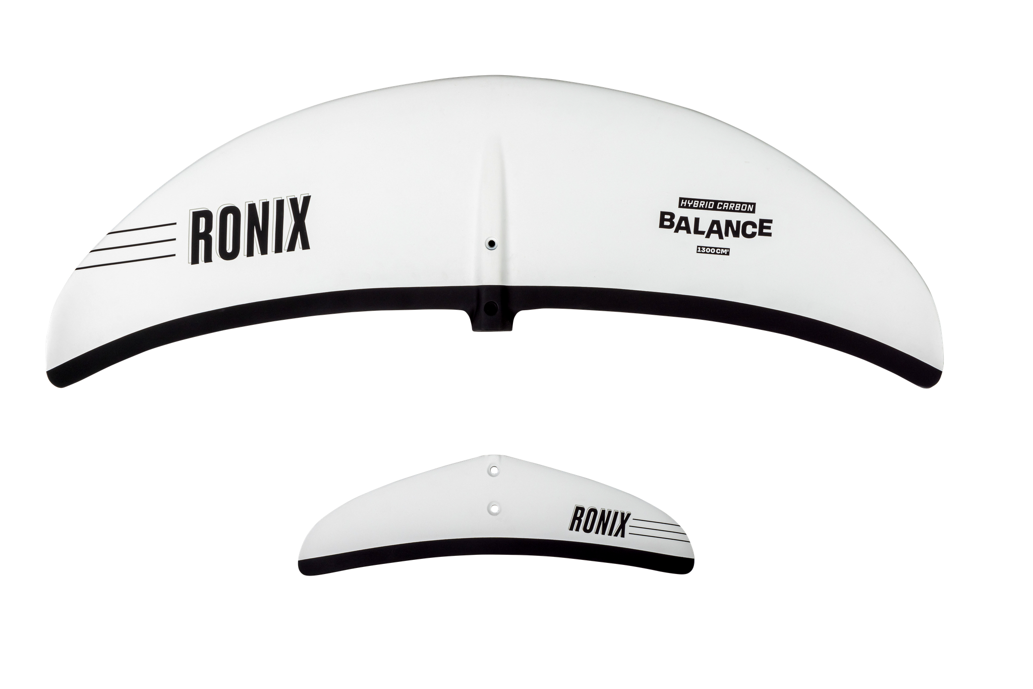 A white and black Ronix Koal Surface 727 Foil | Beginner-Intermediate Hybrid Series kite, featuring a telescoping adjustable mast for optimal foiling.