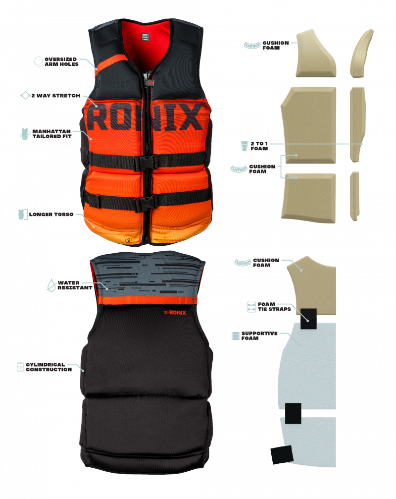Ronix Megacorp Capella 3.0 Men's CGA Vest with oversized arm holes - orange/black.