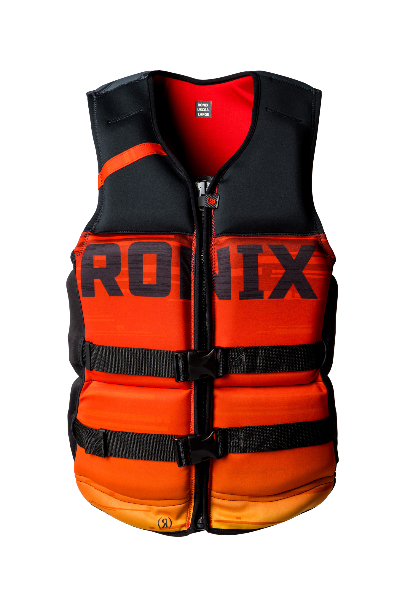 A Ronix Megacorp Capella 3.0 Men's CGA Vest life jacket with the word Ronix on it.