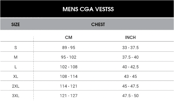 Follow Wake Men's CCA tee featuring a size chart for easy reference.