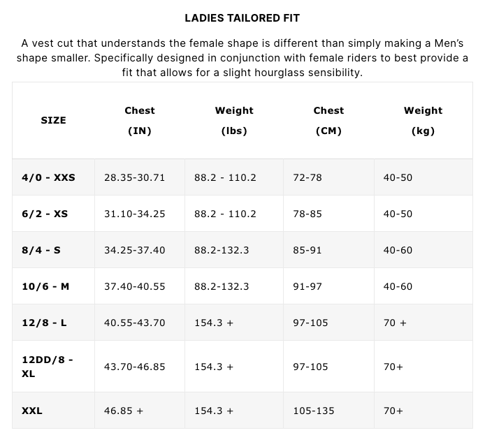 Truefit© Liner size chart for Follow The Rosa Ladies Jacket - Black by Follow Wake.