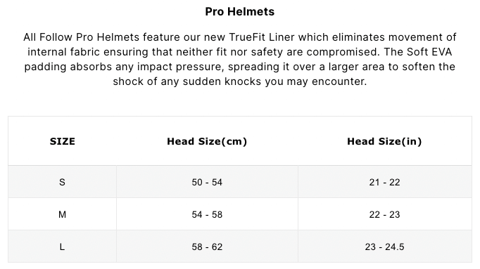 The size chart for women's hats with Follow Pro Helmet - Charcoal with TrueFit Liner and Fidlock magnetic buckle from Follow Wake.