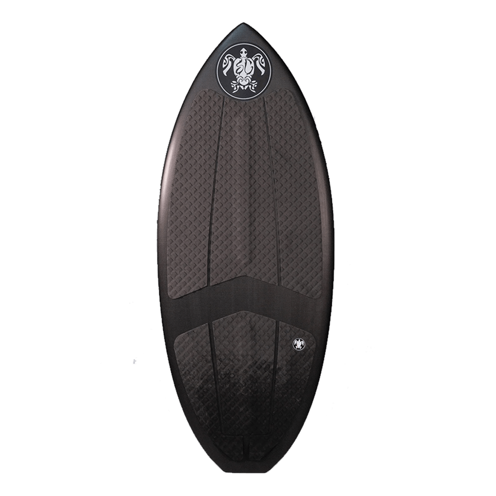 An advanced black wakeboard, the Soulcraft KF Pro Skim Wakesurf Board, on a black background.