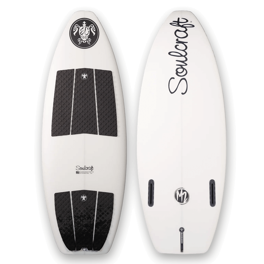 A Soulcraft M2 Wakesurf Board with a black logo, perfect for carving in surf comps.