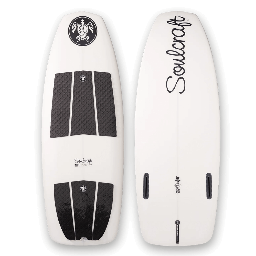A Soulcraft Voodoo Wakesurf Board rider's wakeboard with the word "soul" written on it.
