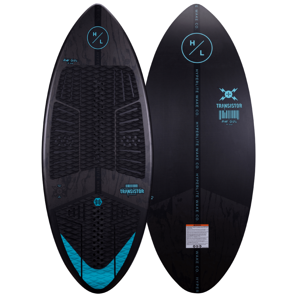 A black and blue Hyperlite 2022 Transistor Wakesurf Board with a blue logo, perfect for skim style riding or spinning tricks.