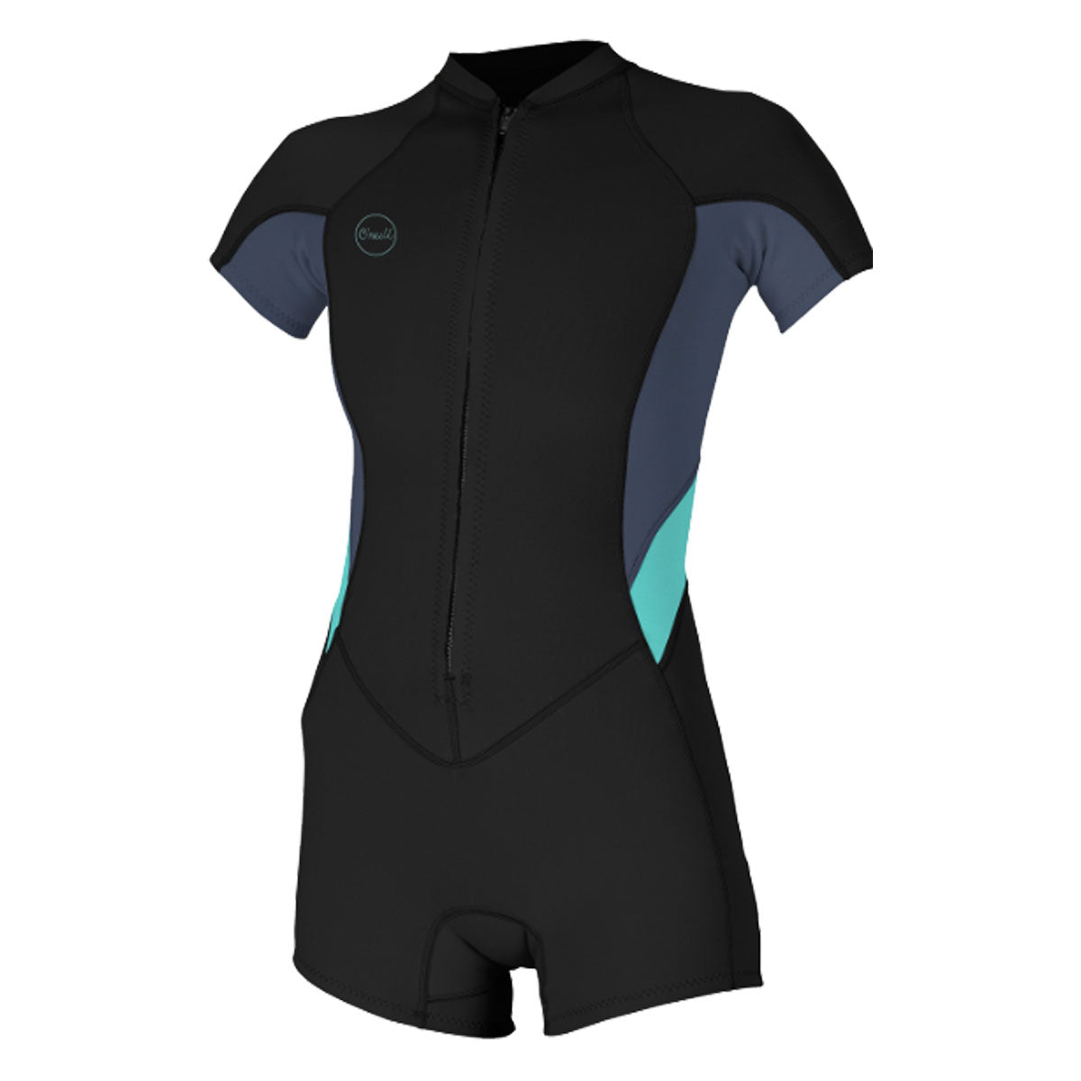 The O'Neill Women's Bahia 2/1 S/S Front Zip Spring Suit line offers a stylish and functional option for performance-driven athletes, featuring a sleek combination of black and turquoise.