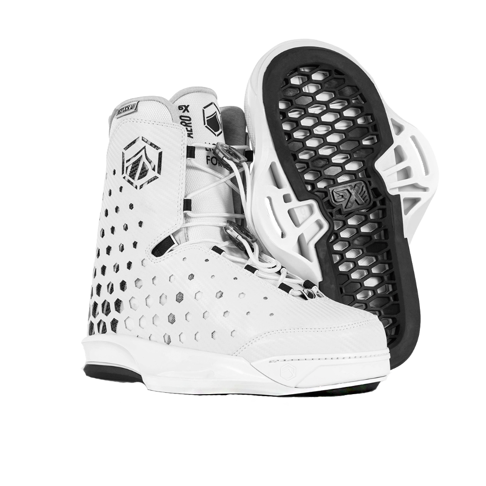 A pair of Liquid Force 2022 Aero 6X Boots - White on a black background, designed for wakeboarding enthusiasts.