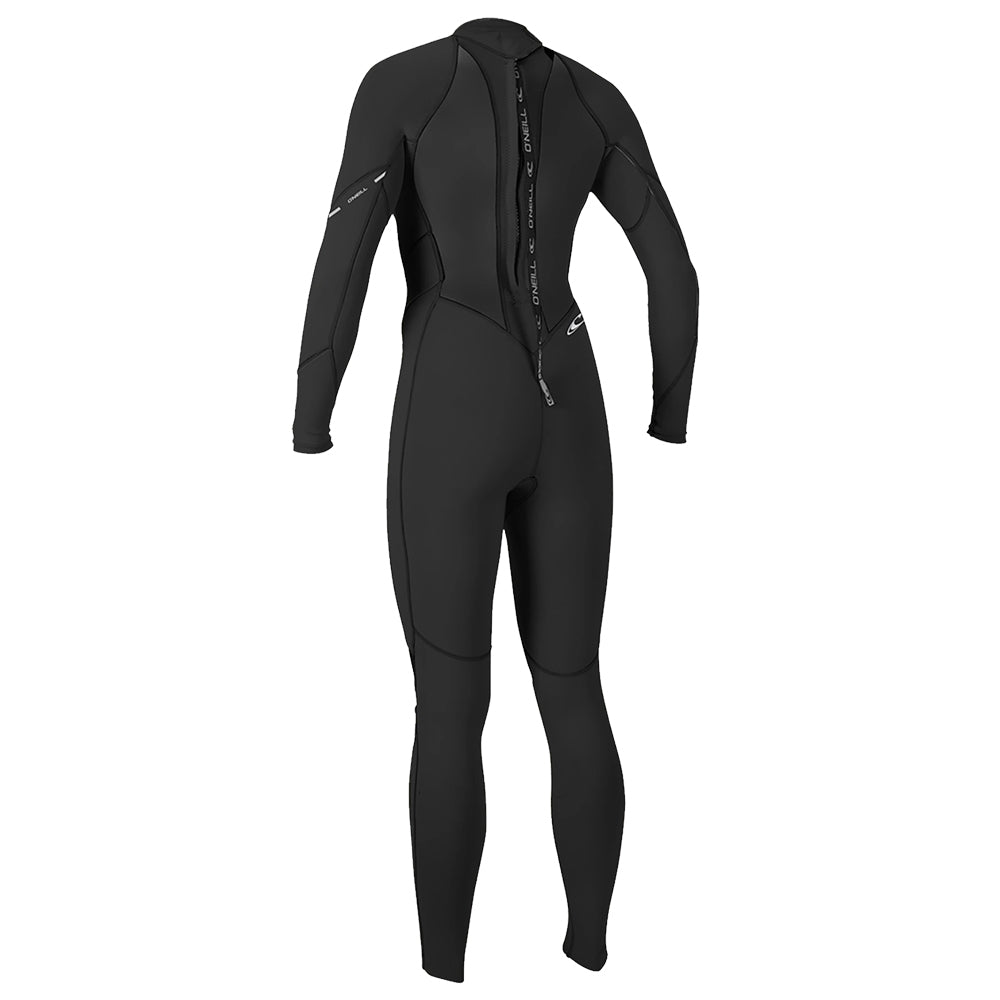 Description: An athlete wearing an O'Neill Women's Bahia 3/2 Back Zip Full wetsuit, featuring the O'Neill wetsuit line, against a white background.