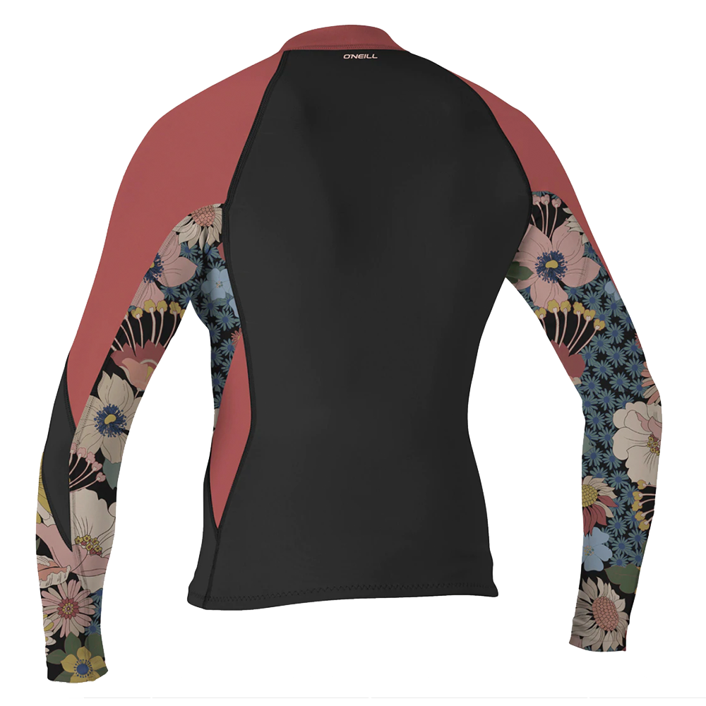 An O'Neill Bahia Front Zip Jacket featuring a women's long-sleeved design and a beautiful floral print.