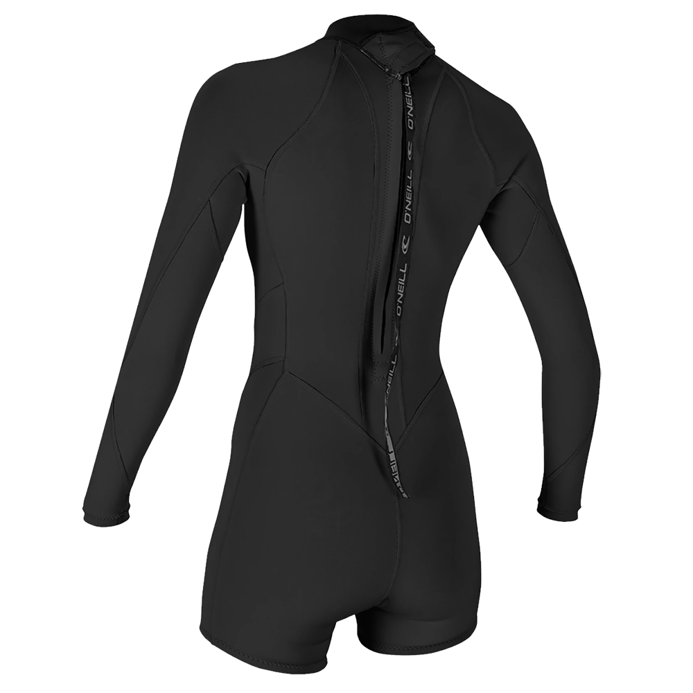 The back view of a women's O'Neill Women's Bahia 2/1MM Back Zip L/S Spring Wetsuit, a sleek addition to the athlete-focused wetsuit line.