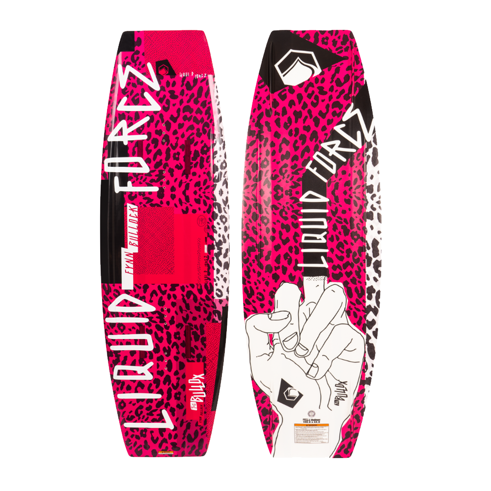 A Liquid Force 2022 the Bullox Aero wakeboard, a lightweight wakeboard with an explosive pop, featuring a pink leopard print.
