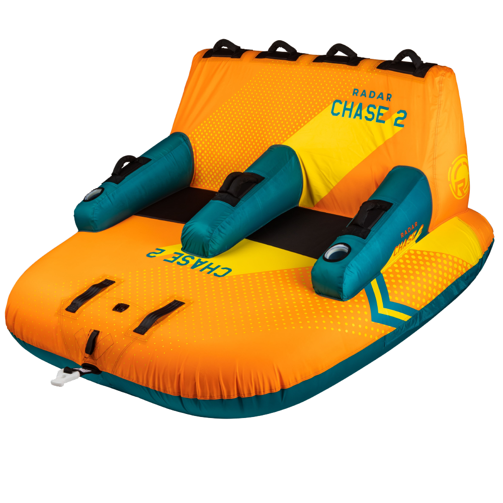A Radar Chase Lounge 2 Person Tube with two seats on it, perfect for tubing adventures captured with a POV camera.