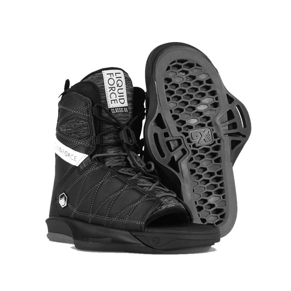A pair of black wakeboard boots featuring the Liquid Force 2024 Classic 6X OT Bindings on a black background.