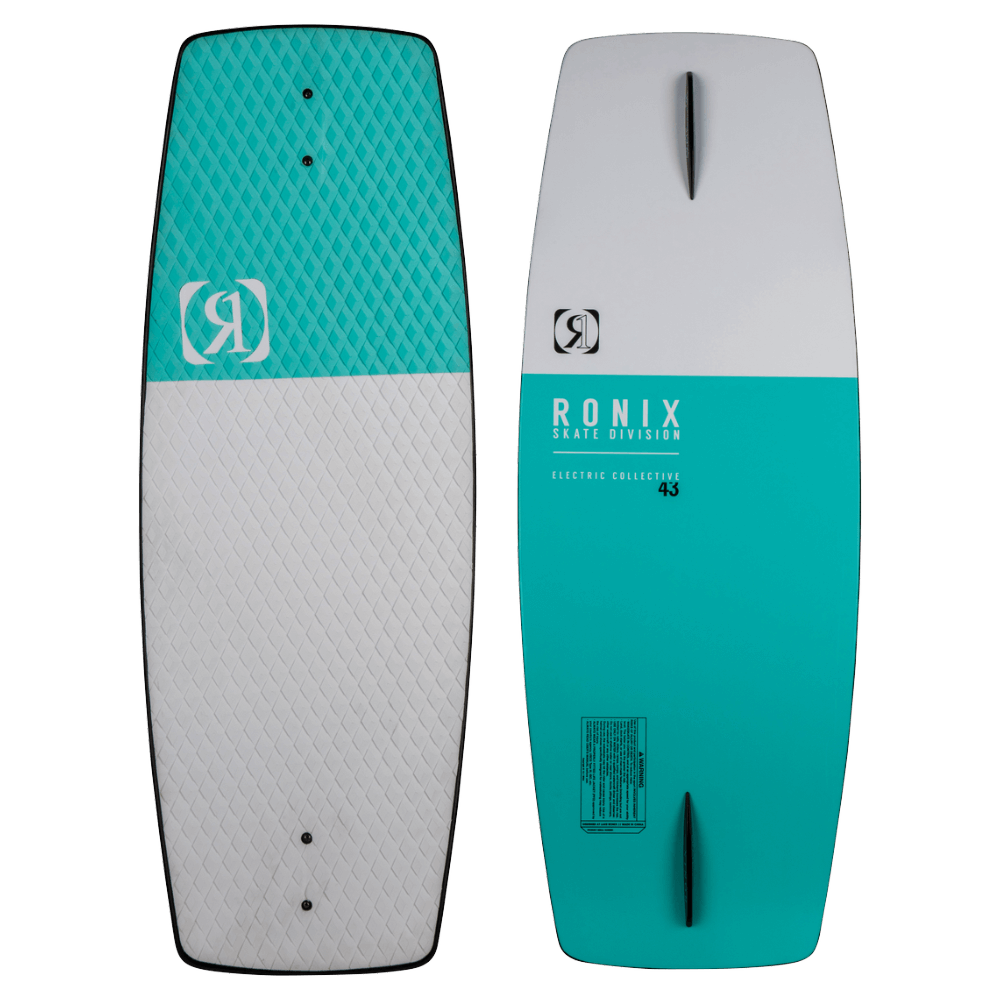 A Ronix 2024 Electric Collective Wakeskate, with a turquoise and white design featuring an EVA top deck.